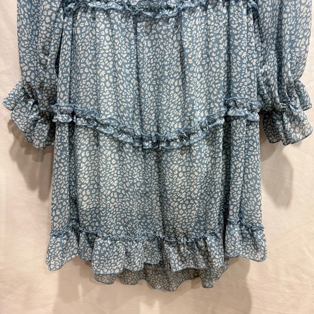 Deep V Ruffle Long Sleeve Mini Dress Open Back Sheer Leopard Print Layered Skirt - Picture 4 of 16